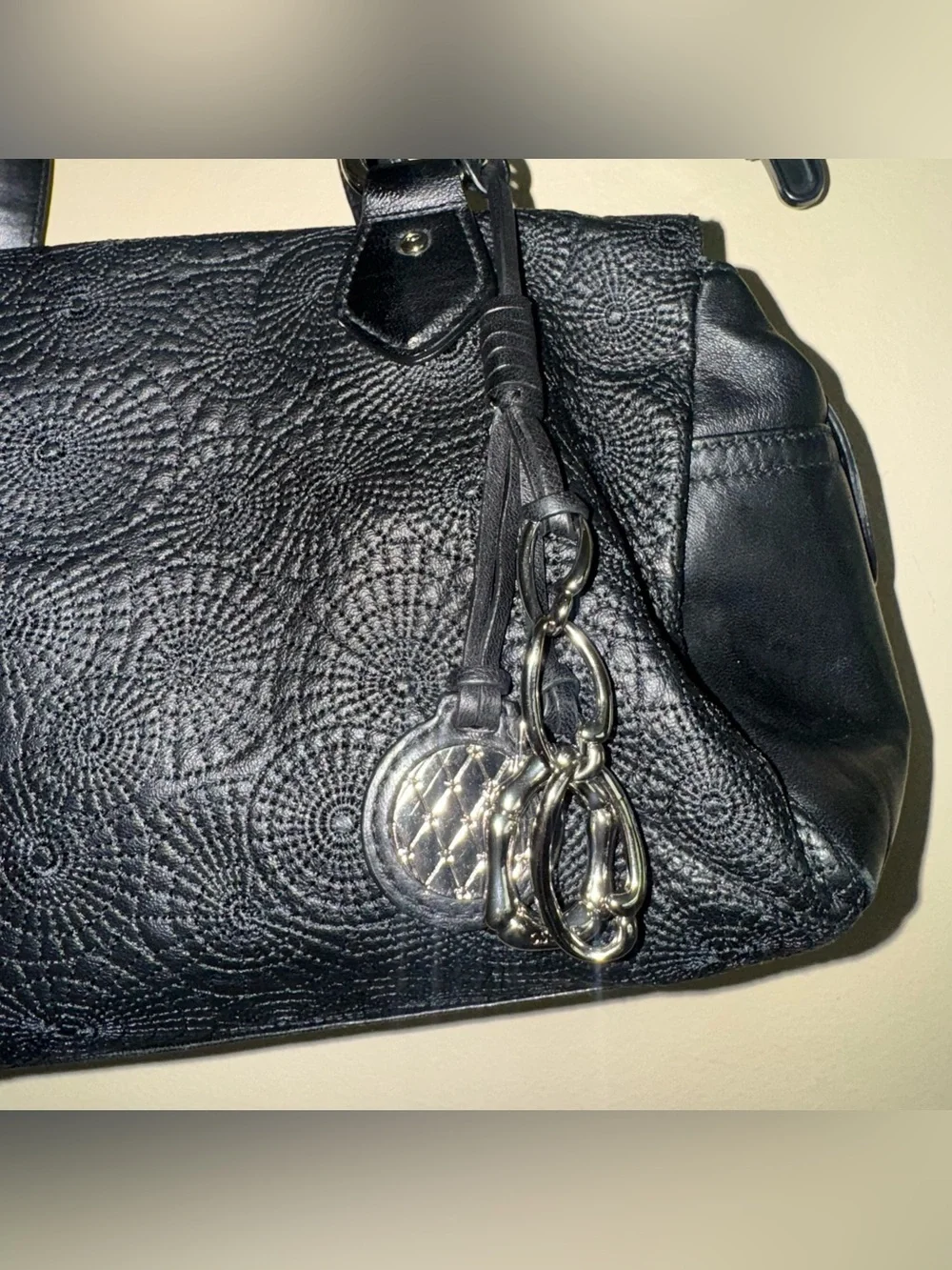 Vintage OSCAR De La RENTA Black Leather Circle Medallion Embossed Medium Satchel